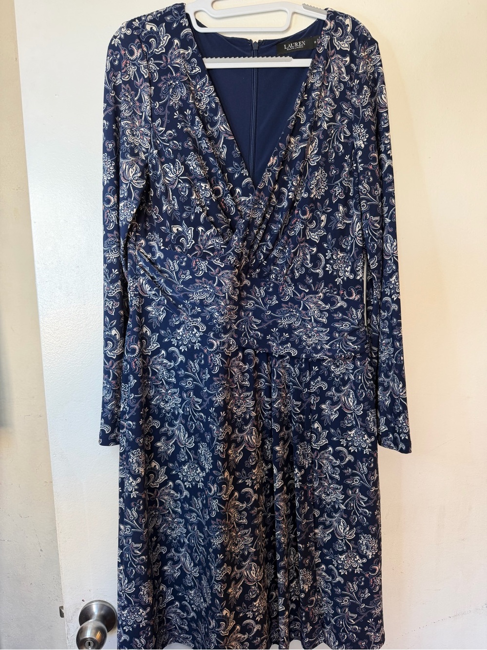 Lauren Ralph Lauren Navy Paisley Faux Wrap Midi Dress Size 12 - Picture 3 of 8